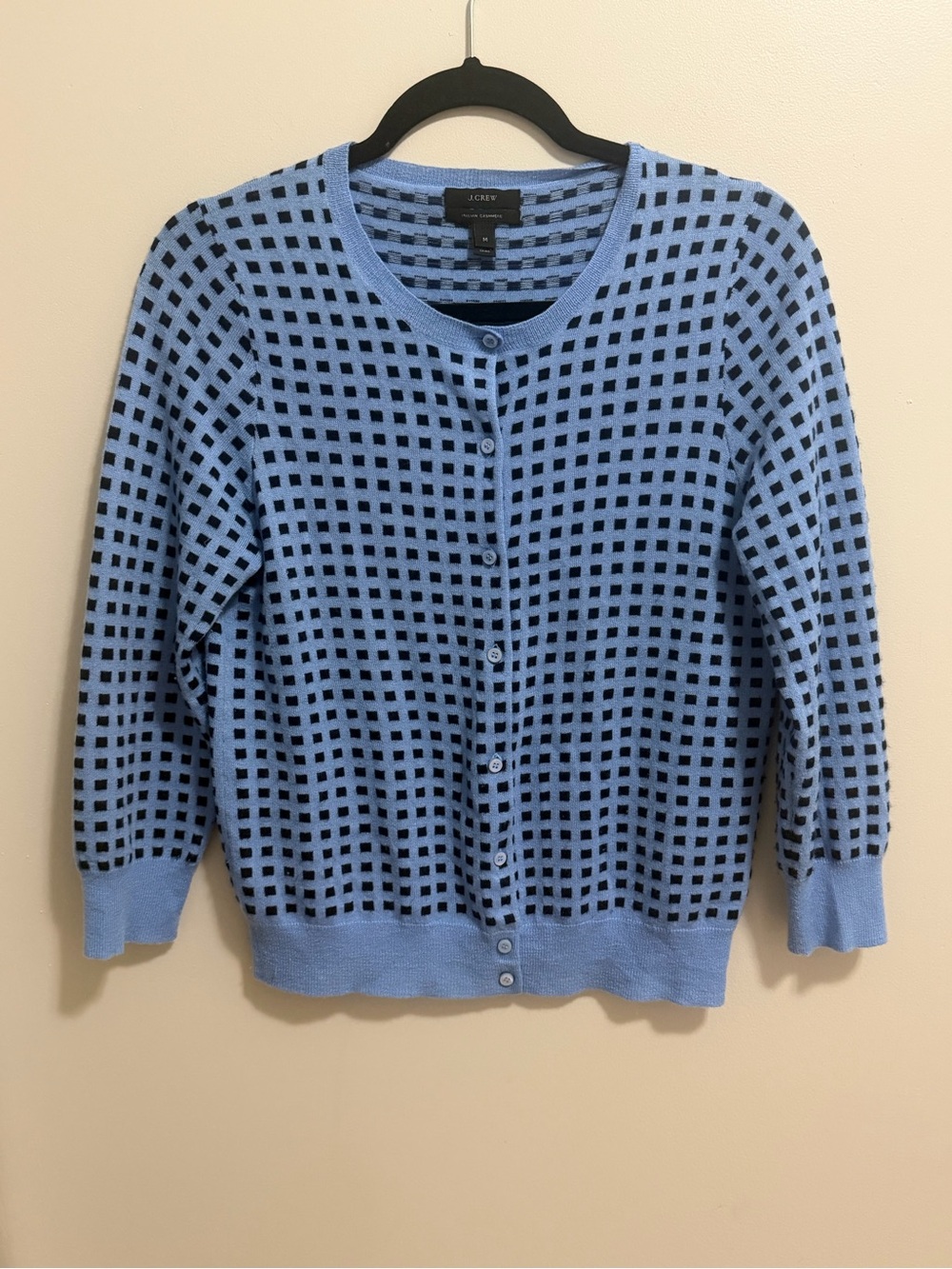 J.Crew Italian Cashmere Checkerboard Cardigan Sweater Blue Black M SP13